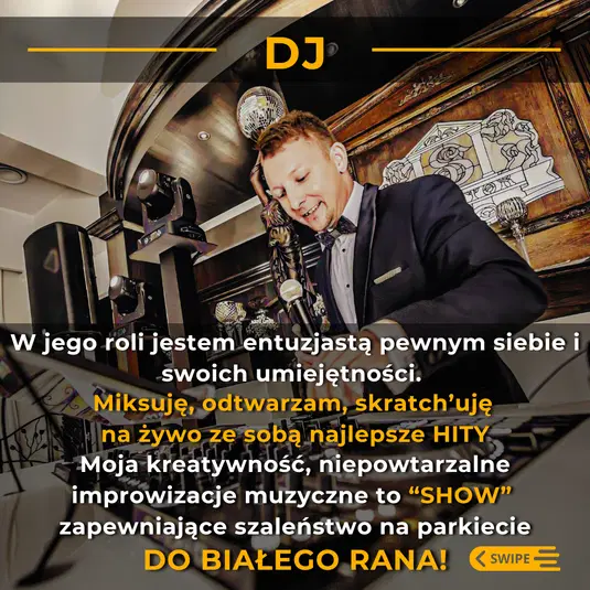  DJ przy konsolecie miksujący muzykę, w eleganckim stroju, dynamiczny i pewny siebie, zapewniający rozrywkę na parkiecie, z napisami promującymi imprezę muzyczną do białego rana. 