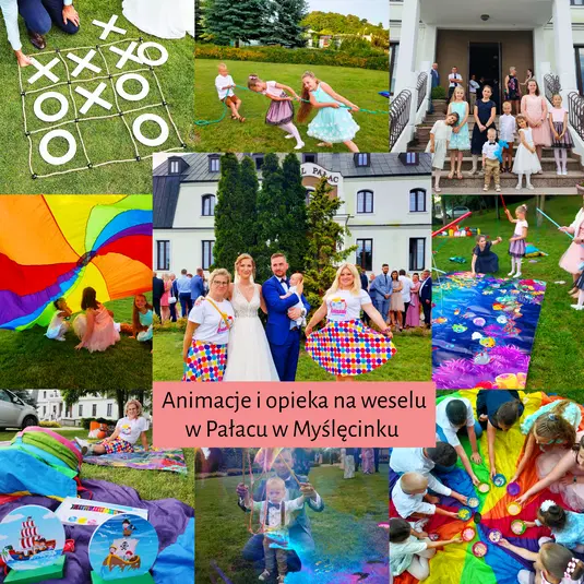  Animacje dla dzieci na weselu w Pałacu w Myślęcinku, zabawy plenerowe, opieka nad dziećmi podczas ceremonii, piknik dla najmłodszych gości, kreatywne atrakcje weselne, rodzinna atmosfera, kolorowe akcesoria dla dzieci. 