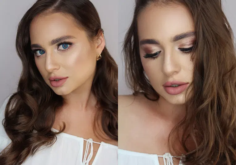  <!- Kobieta o długich, brązowych włosach z makijażem glamour na białym tle. Prawy profil i zamknięte oczy - profesjonalny portret beauty. -> 