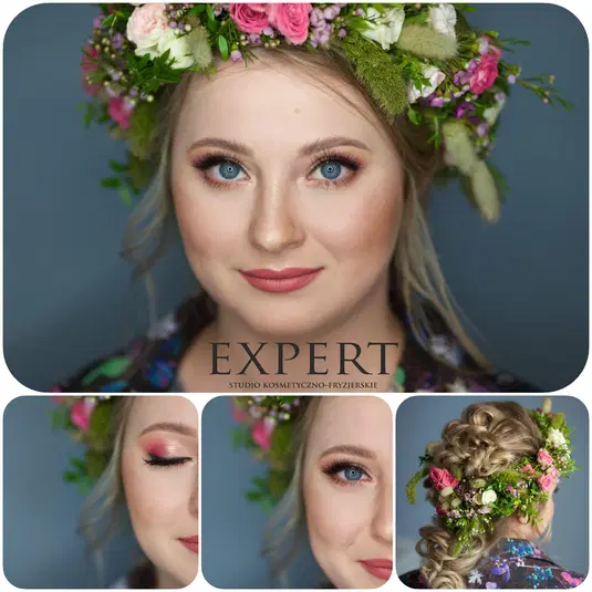  Kobieta z wieńcem kwiatowym na głowie, delikatny makijaż, profesjonalne studio kosmetyczno-fryzjerskie Expert 