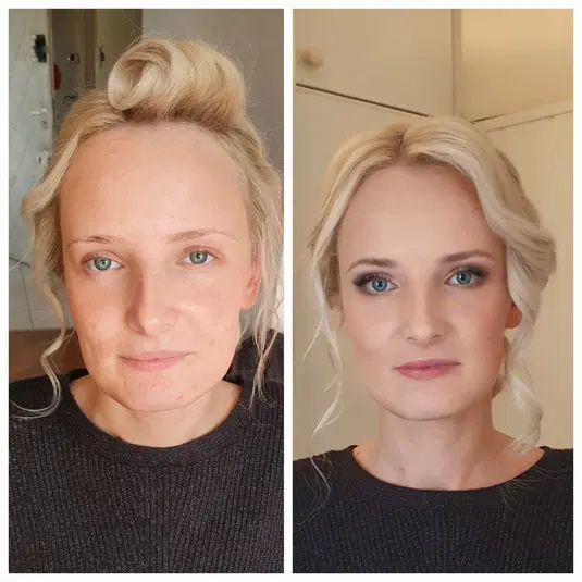  Przed i po makijażu: Metamorfoza z naturalnego wyglądu do eleganckiego makijażu; stylizacja włosów. 