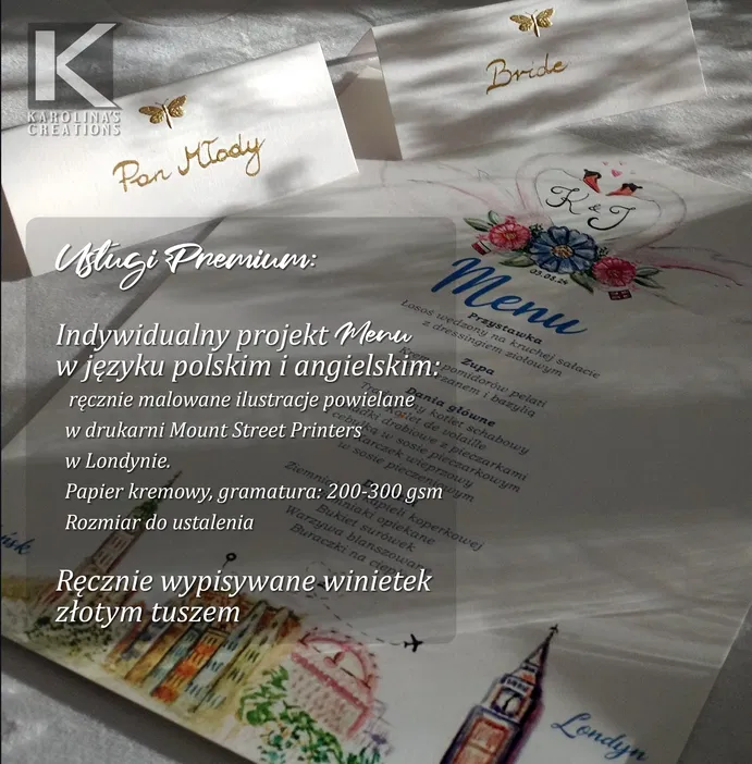 Indywidualne menu ślubne z ręcznie malowanymi ilustracjami, kremowy papier 200-300gsm, złote winietki, usługi premium drukarni Mount Street Printers w Londynie.