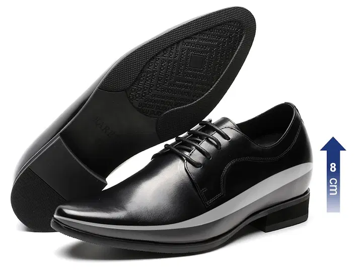  Czarne eleganckie buty męskie z podwyższeniem 8 cm, stylowe obuwie wizytowe, skórzane półbuty na specjalne okazje. 