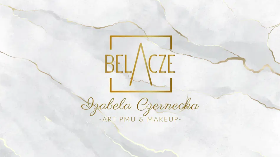  Logo BelAcze Izabela Czernecka Art PMU & Makeup na tle białego marmuru z złotymi żyłkami. 