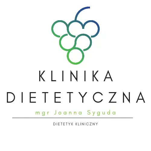  Logo Kliniki Dietetycznej z winogronem, mgr Joanna Syguda, dietetyk kliniczny. 