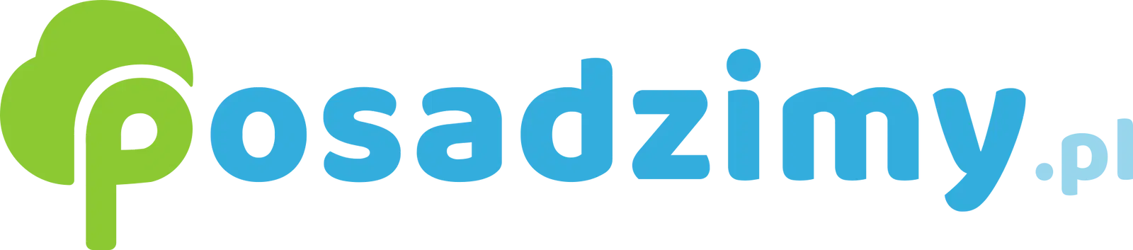  Logo firmy Posadzimy.pl - zielone drzewo, niebieski napis. 