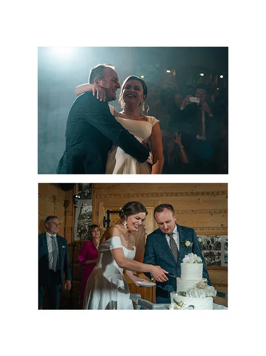 Para młoda tańczy na weselu i kroi tort ślubny, romantyczny wieczór, przyjęcie weselne, eleganckie stroje.