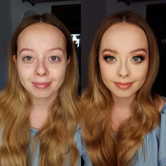  Porównanie przed i po makijażu; metamorfoza urody, makijaż dzienny, naturalny wygląd, tutorial makijażowy, inspiracje beauty, zmiana wizerunku, blond włosy, kosmetyki do makijażu, techniki podkreślenia oczu. 