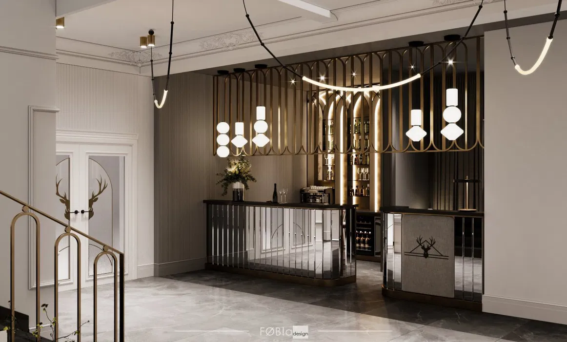 Hotelowy lobby bar z eleganckim nowoczesnym designem, luksusowe oświetlenie, dekoracje w stylu glamour, architektura wnętrz.
