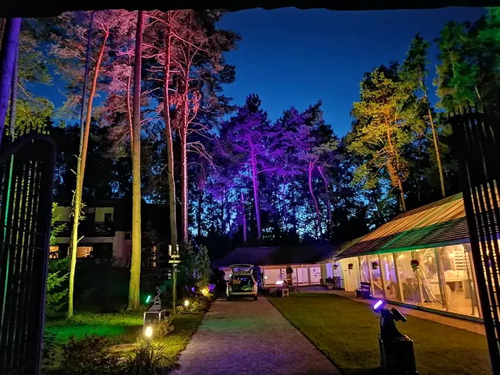  Kolorowe oświetlenie drzew i budynków w ogrodzie nocą, z widocznymi światłami i samochodem na podjeździe. 