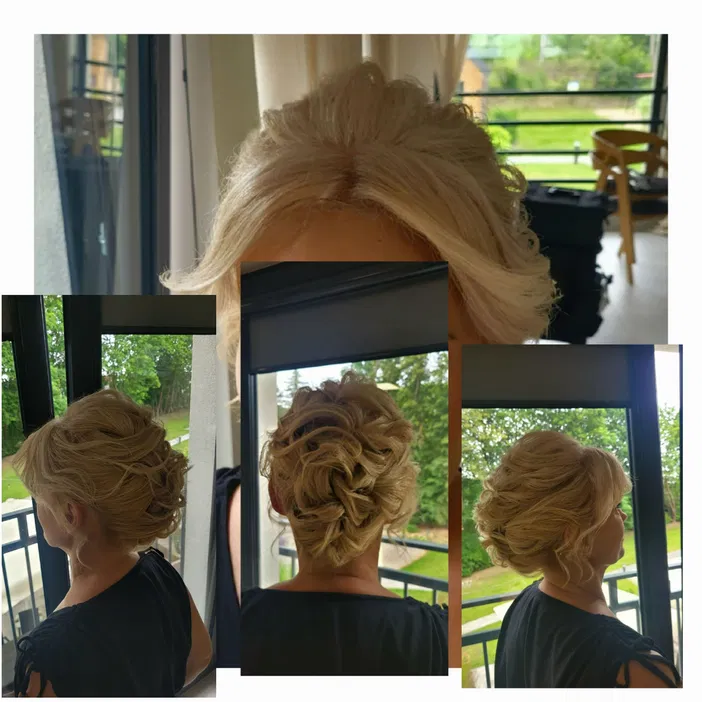 Fryzura ślubna blond, eleganckie upięcie włosów, romantyczny styl na wesele, inspiracje fryzjerskie.