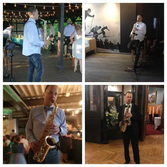  Muzyk grający na saksofonie podczas różnych eventów, w tym wesela i występu solowego, w eleganckim otoczeniu. 