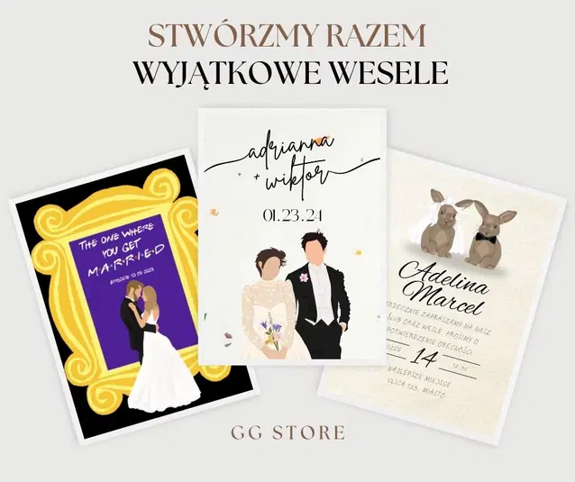  Plakaty ślubne - wyjątkowe projekty zaproszeń na wesele, personalizowane ślubne grafiki, pomysły na oryginalne zaproszenia ślubne, inspiracje na ślub, kolekcja ślubna GG Store. 