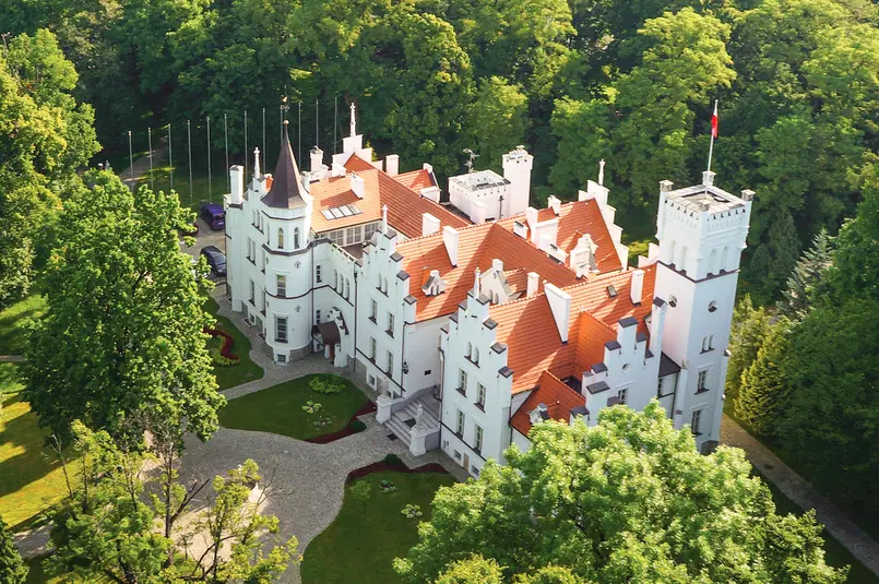  Zamek neogotycki otoczony zielenią, widok z lotu ptaka, majestatyczna architektura i czerwone dachy, piękny krajobraz, historyczna rezydencja w parku. 