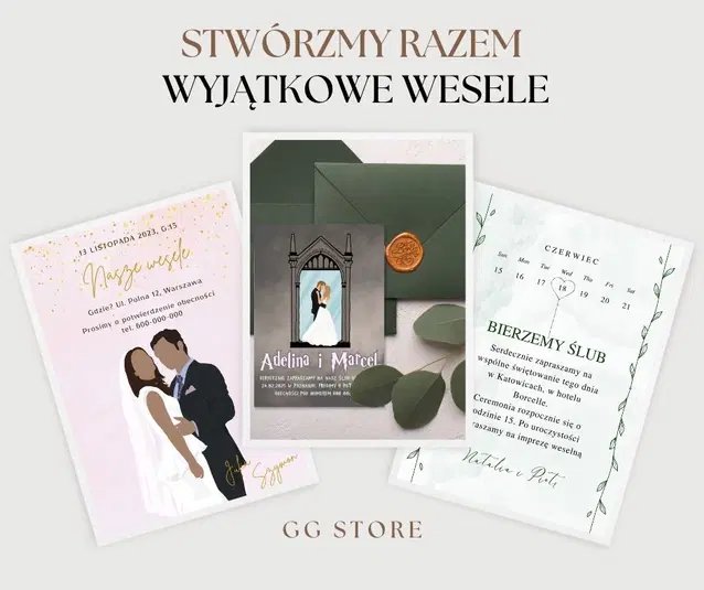  Plakaty zaproszeń ślubnych z różnymi projektami graficznymi i datami, eleganckie czcionki, hasło Stwórzmy razem wyjątkowe wesele, oferowane przez GG Store. 