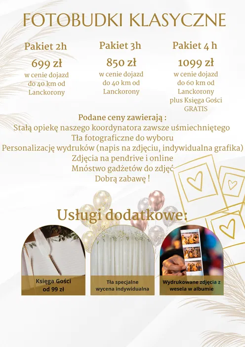 Oferty fotobudek klasycznych: pakiet 2h, 3h, 4h z dojazdem, personalizowane zdjęcia, tła do wyboru, dodatkowe usługi - Księga Gości, tła specjalne, wydrukowane zdjęcia z wesela.