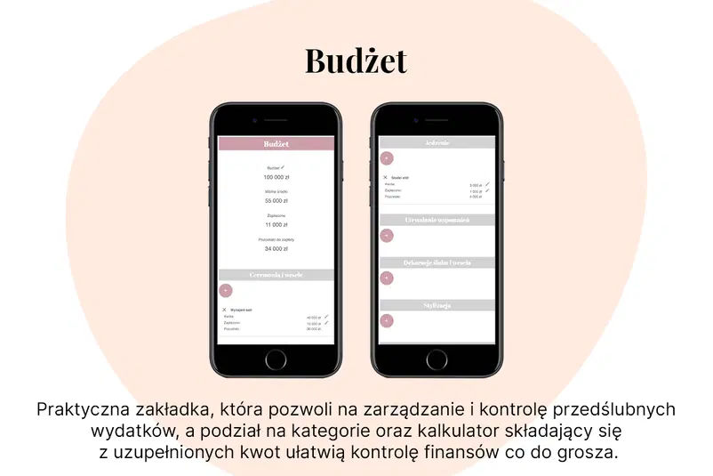  Aplikacja do zarządzania budżetem ślubnym na ekranach smartfonów, prezentująca podział wydatków i kontrolę finansów przed ślubem. 