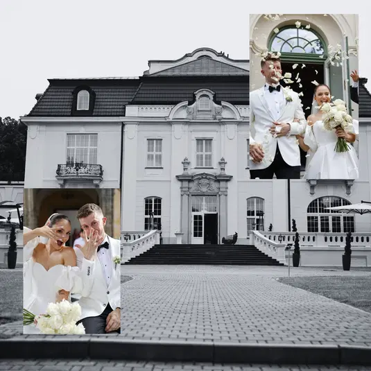  Pałac ślubny z zachwyconymi nowożeńcami, para młoda w eleganckich strojach świętująca przed stylowym budynkiem. 