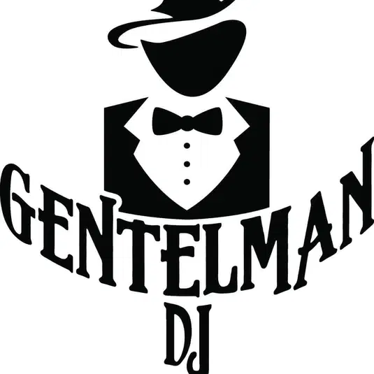  Logo DJ Gentleman, czarny kapelusz, muszka i elegancki smoking, napis Gentelman DJ. 